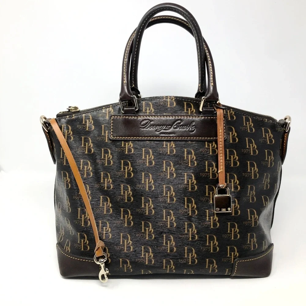 Dooney & Bourke Gretta Monogram Satchel Florentine Vacchetta Leather Brown Bag